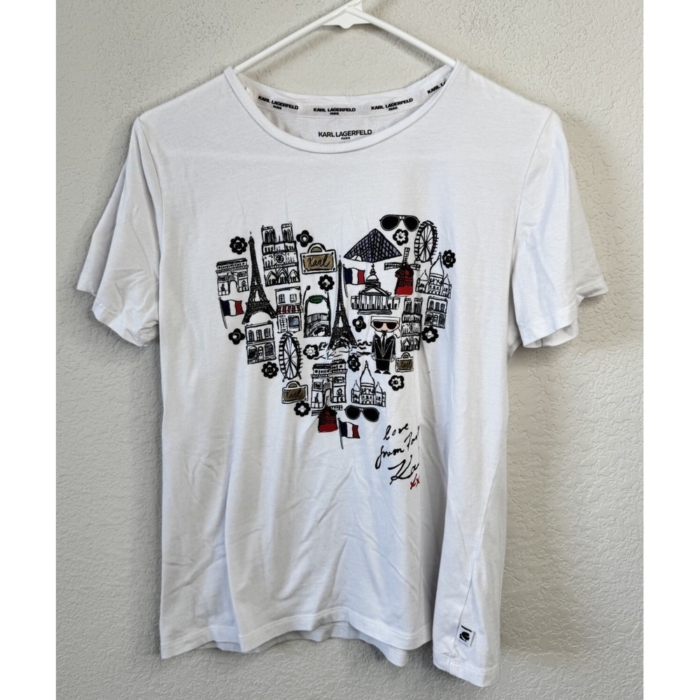 Karl‎ Lagerfeld Graphic Paris Heart Tee Women's M White Short Sleeve Designer